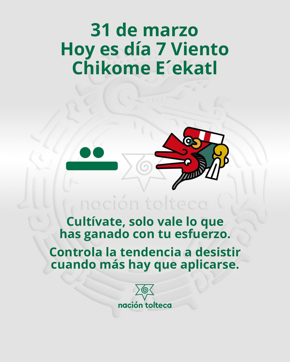 El tonal de hoy es 7 Viento - Chikome E´ekatl

Cultívate, solo vale lo que te has ganado con tu esfuerzo.
Controla la tendencia a desistir cuando más hay que aplicarse.

#tolteca #astrologia #Mexico #calendario  #toltequidad #naciontolteca #toltekayotl #tonal #marzo