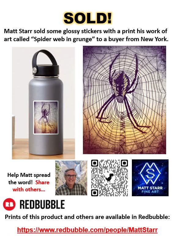MattStarrFineA1's tweet image. I recently sold some glossy stickers with a print of my work of art called “Spider web in grunge” to a buyer from New York in my Redbubble art shop. redbubble.com/shop/ap/100221… 

#mattstarrfineart #spider #spiders #spiderweb #stickers #art #paintings #artforsale #artist #dailyart