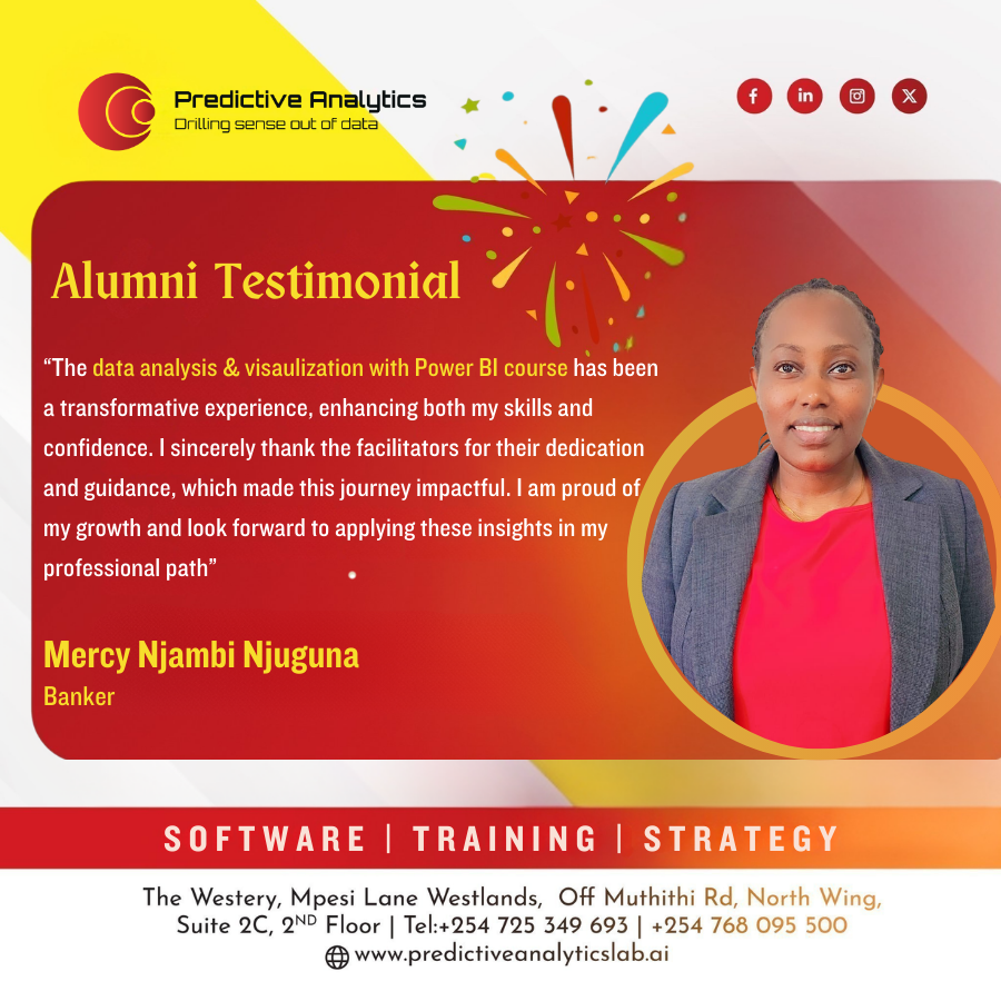 Congratulations to Mercy Njambi on successfully completing the Data Analysis &amp; Visualization with Power BI course!If you’re looking to strengthen your data skills and stand out in your field, this is your sign. Register here: predictiveanalyticslab.ai/excel-for-data…
#DataAnalysis  #PowerBI