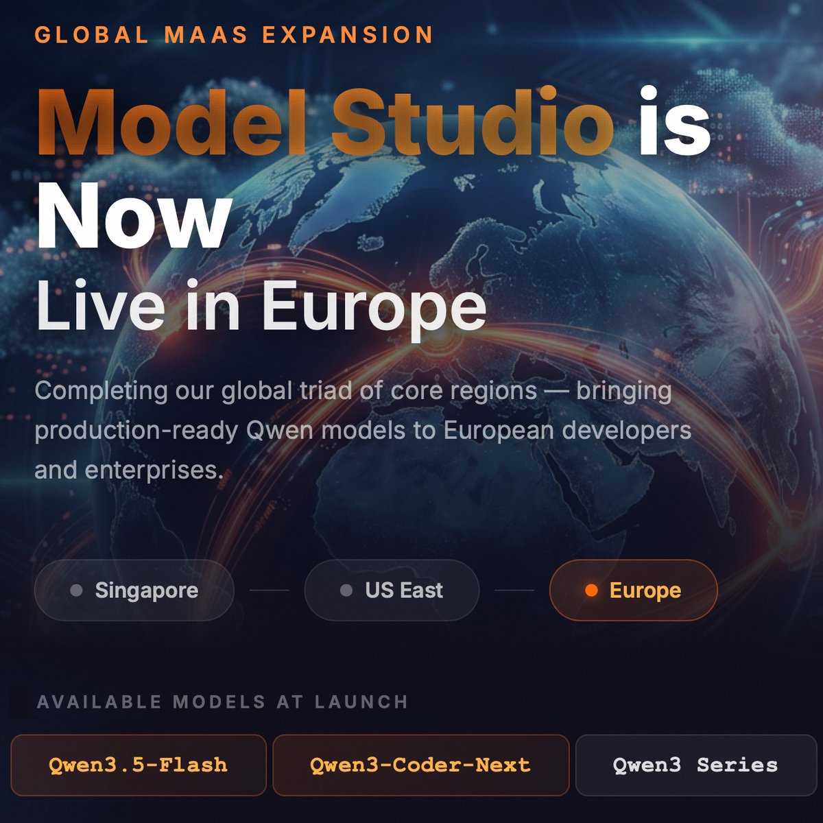alibaba_cloud's tweet photo. Alibaba Cloud Model Studio is now available in Germany, bringing faster and more accessible AI services to users across Europe. Now available:
• Qwen3.5-Flash
• Qwen3-Coder-Next
• Qwen3 Series

Click and learn more!