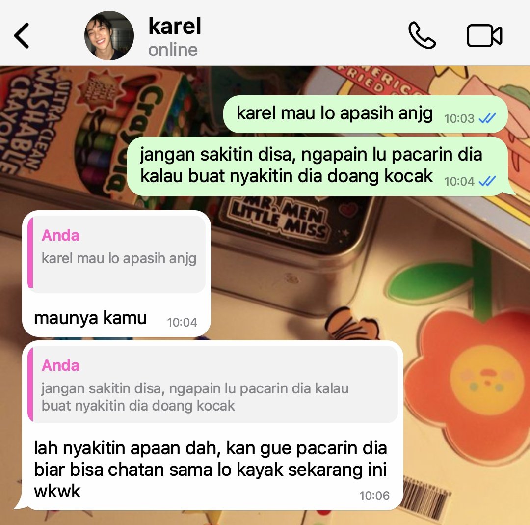 #keonhyeon few tweets au
karel yang sengaja pacaran sama adisa (hts-an seren) demi bisa chat-an dan deketin seren, padahal seren benci mampus sama dia
