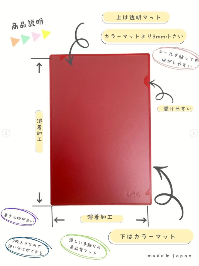 miwa ＊iro
おしカラーはさむMAT

一般販売のお知らせ

《MIWAX ONLINE SHOP》

おしカラーはさむMAT
miwax-onlinestore.com/items/69c0c33f…

《材質》
下　カラー軟質塩化ビニール　0.9mm厚
上　透明軟質塩化ビニール 0.5mm厚
 
《サイズ》
Ａ5用 144×216
Ｂ6用 124×187
Ａ6用 105×153