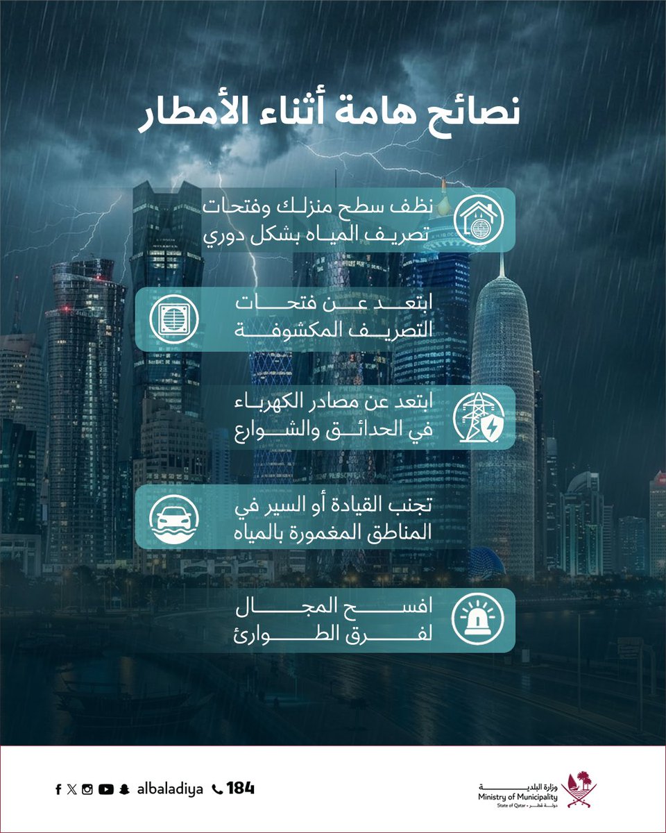 albaladiya's tweet image. نصائح وإرشادات لسلامتكم أثناء هطول الأمطار ☔🌧️
⁧#جاهزين #موسم_الأمطار_قطر 

Tips and Safety Guidelines During Rainfall ☔🌧️
#WeAreReady #Rainy_Season_Qatar #Albaladiya