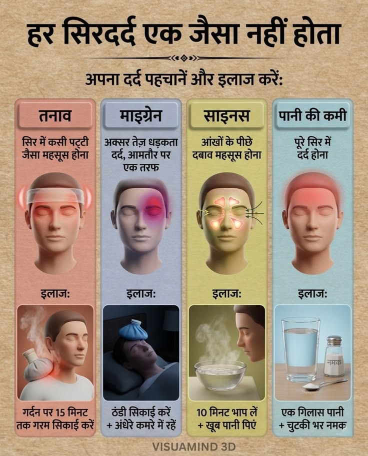 HardikP97613658's tweet photo. हर सिरदर्द एक जैसा नहीं होता इसके बारे में एक बहुत ही महत्वपूर्ण बात बता रहा हूं। 

अक्सर हम हर दर्द को सामान्य समझकर नजरअंदाज कर देते हैं।
लेकिन सही कारण पहचानना ही सही इलाज की पहली सीढ़ी है।

 सिरदर्द के कई प्रकार होते हैं।
जैसे तनाव के कारण होने वाला दर्द,
जो सिर पर कसाव जैसा महसूस होता है।

माइग्रेन एक अलग तरह का दर्द है,
जो अक्सर सिर के एक तरफ तेज धड़कन की तरह होता है।

इसमें रोशनी और आवाज भी परेशान करती है।
साइनस का दर्द आंखों के पीछे दबाव के रूप में महसूस होता है।

यह अक्सर जुकाम या एलर्जी से जुड़ा होता है।
पानी की कमी भी सिरदर्द का बड़ा कारण बन सकती है।

जब शरीर डिहाइड्रेट होता है,
तो पूरा सिर भारी और दर्दयुक्त लगने लगता है।
इस तस्वीर की खास ���ात यह है कि इसमें।

हर समस्या के लिए आसान घरेलू उपाय भी बताए गए हैं।
जैसे तनाव में गर्म सिकाई,
माइग्रेन में ठंडी सिकाई और आराम,
साइनस में भाप लेना,

और पानी की कमी में नमक के साथ पानी पीना।
यह हमें सिखाता है कि
हर दर्द को समझना जरूरी है,
सिर्फ दवा लेना ही समाधान नहीं है।
अगर हम अपने शरीर के संकेतों को समझें,

तो हम कई समस्याओं से आसानी से बच सकते हैं।
इसलिए जागरूक बनें और अपने स्वास्थ्य का ध्यान रखें।
#StayHealthy
#SelfCare