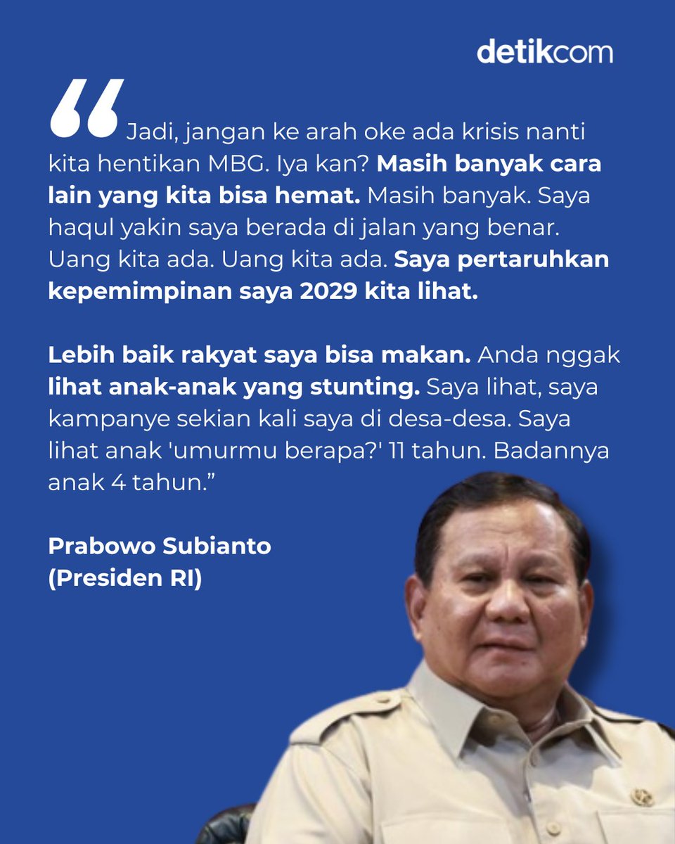 detikfinance's tweet image. Presiden Prabowo Subianto menegaskan MBG bakal terus berjalan di tengah krisis konflik Timur Tengah dan upaya efisiensi anggaran pemerintah. MBG menjadi program unggulan Prabowo untuk memperbaiki SDM sejak dini serta menggenjot ekonomi

#detikfinance #detikcom #MBG