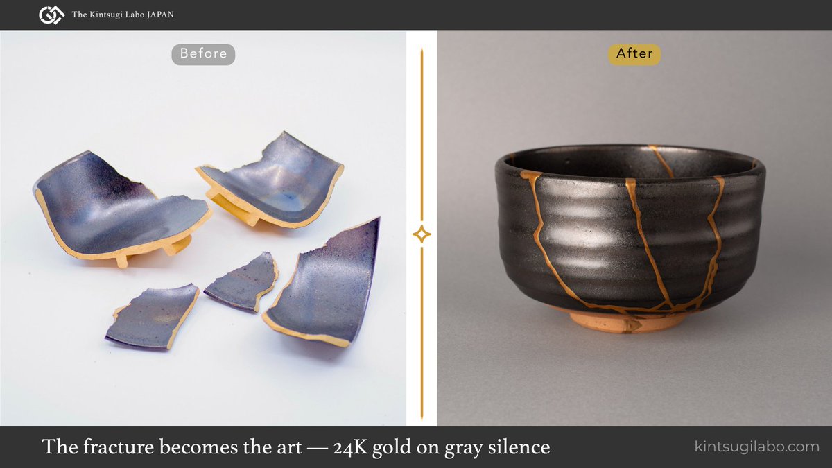 kintsugilabo's tweet photo. This kintsugi matcha bowl has found its home in Utah, USA 🇺🇸

Bold 24K gold across deep gray glaze — silence meets resilience. Restored with natural urushi in Japan.

#kintsugi #金継ぎ #kintsugilabo #urushi #wabisabi #japaneseart #aritaware #24kgold https://t.co/FbN19Pxaia