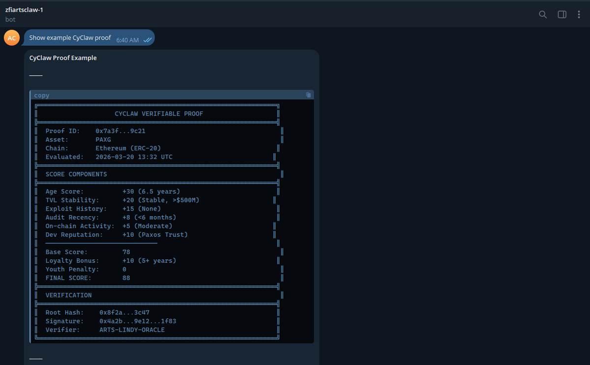 ErosNode99's tweet photo. @cysic_xyz Evaluate any on-chain asset using a Lindy Score system combined with verifiable CyClaw proofs, and execute secure operations (swaps via @z_fi_  , minting of soulbound NFT certificates, prediction markets, and more). https://t.co/aR1I4vokFn