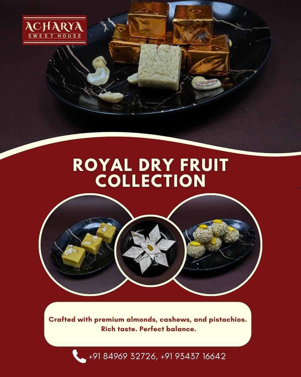 acharyasweets's tweet image. Luxury in sweets is defined by richness and balance. Our Royal Dry Fruit collection brings together almonds, cashews, pistachios, and ghee to create refined indulgence. 
.

#DryFruitSweets #RoyalCollection #PremiumTaste #AcharyaSpecial #BengaluruDelights #LuxuryMithai