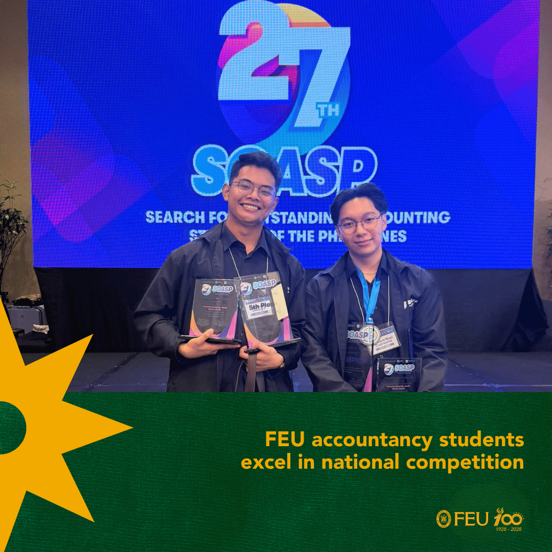 FarEasternU's tweet photo. Congratulations to FEU BS in Accountancy students Vincent Cuaresma, crowned Champion, and Leonardo Galang, who secured a Top 5 finish at the 27th Search for Outstanding Accounting Students of the Philippines. 
Story: https://t.co/zxYtsouHue https://t.co/goiSL3TB5A