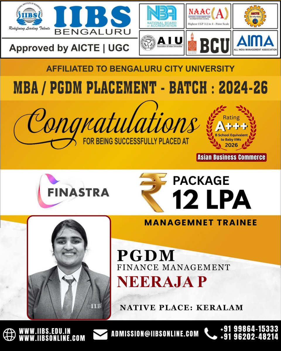 iibsonline's tweet photo. Heartiest Congratulations! 🎉
MBA/PGDM Campus #Placement | Batch 2024–26
We are proud to congratulate Neeraja P, PGDM – Finance Management, on securing a prestigious campus placement at #Finastra as a Management Trainee.
#Success #ProudMoment #PGDM #FinanceManagement https://t.co/8jnzmhuXPH