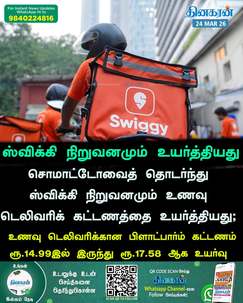 DinakaranNews's tweet image. சொமாட்டோவைத் தொடர்ந்து ஸ்விக்கி நிறுவனமும் உணவு டெலிவரிக் கட்டணத்தை உயர்த்தியது;
#Swiggy #FoodDelivery #DinakaranNews