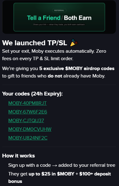 <a href="/mobyagent/">Moby</a> Sign up now to experience TP/SL on Moby
MOBY-40PM8RJT
MOBY-67W6F2E6
MOBY-CJTQIJ37
MOBY-DM0CVUHW
MOBY-U824NF2C

invite.mobyscreener.com/mH92hDuKKXb