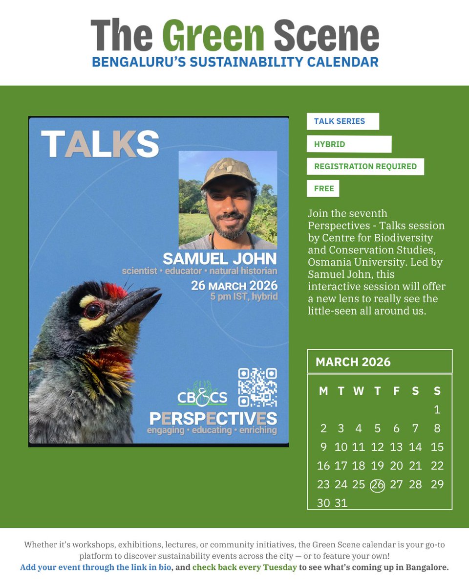sustainBLR's tweet photo. Reconnect with the environment around through talks, workshops, journaling and more! Read the individual posters for all the details. https://t.co/gtHiJ4iIXM