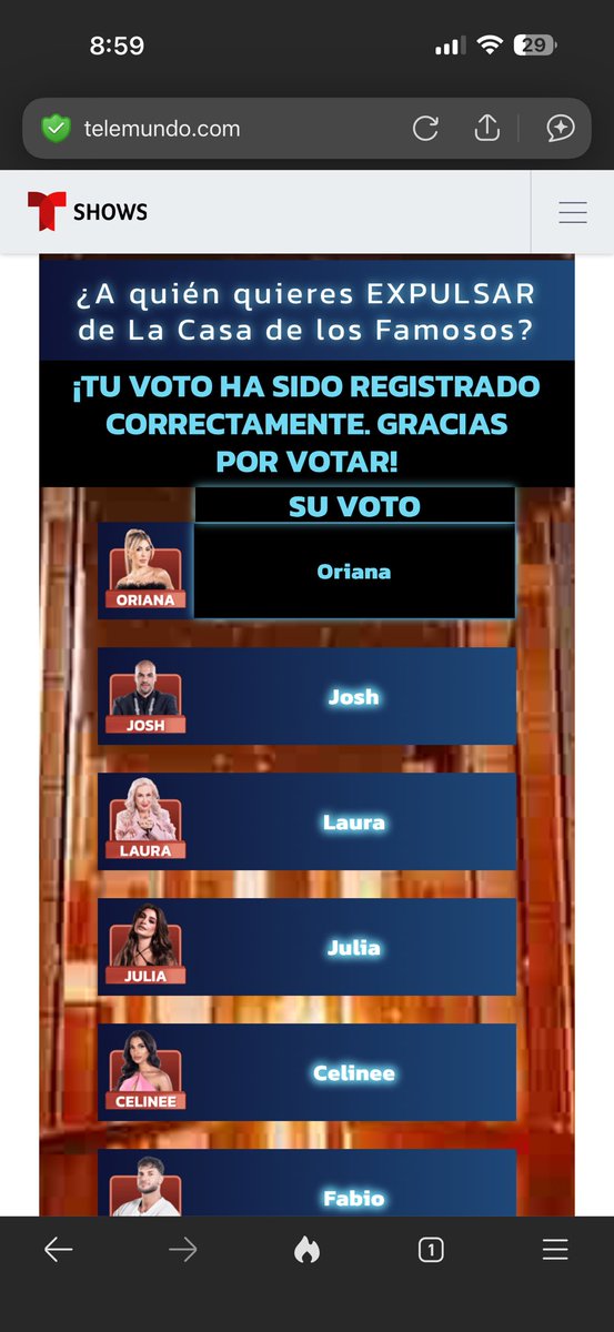 Cuartomorado's tweet photo. Es hora de sacar a Oriana !! Vamos a votar por orina para que se expulsada. El voto es negativo !! #LCDLF6 https://t.co/YOrgzb4NK3
