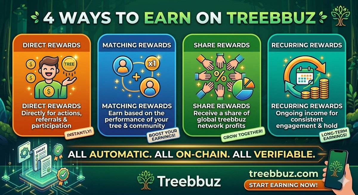 TreeBuz's tweet photo. 4 ways to earn on treebbuz:

direct rewardsmatching rewardsshare rewardsrecurring rewards 

all automatic. all on-chain. all verifiable

https://t.co/tgo3uRa5yh https://t.co/SOcm4WY7mN