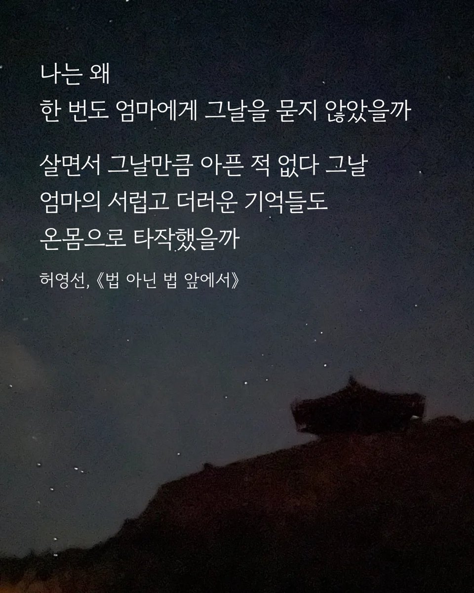 나는 왜
한 번도 엄마에게 그날을 묻지 않았을까

살면서 그날만큼 아픈 적 없다 그날
엄마의 서럽고 더러운 기억들도
온몸으로 타작했을까
허영선, 《법 아닌 법 앞에서》