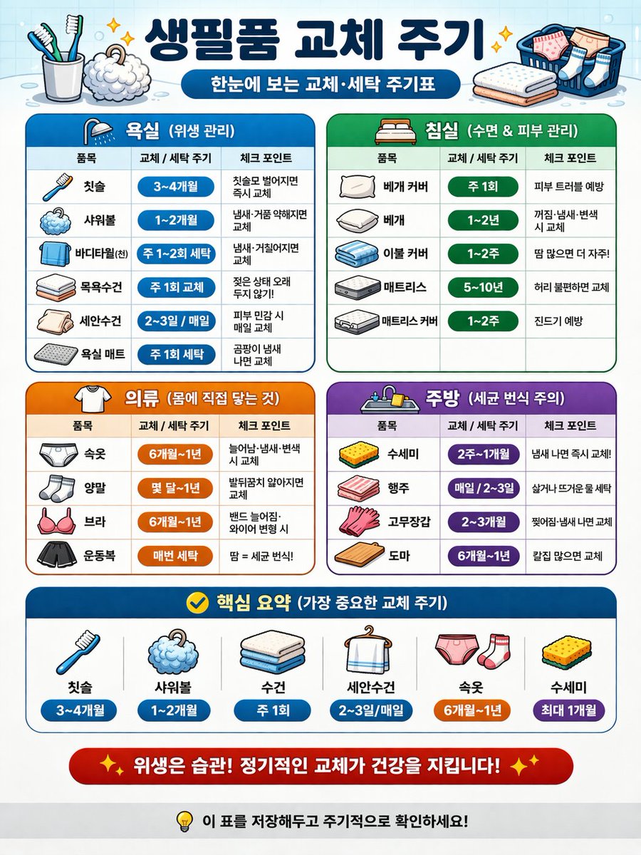 [생필품 교체 주기]

여러분은 생필품 교체 및 세탁 잘하고 계신가요?

의외로 다들 잘 모르는 생필품 교체 주기 정리했습니다.

지금 쓰고 있는 거
생각보다 훨씬 더럽습니다.
여러분은 마지막으로 언제 바꾸셨나요?
