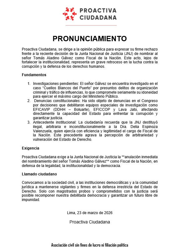 𝐏𝐑𝐎𝐍𝐔𝐍𝐂𝐈𝐀𝐌𝐈𝐄𝐍𝐓𝐎
𝐏𝐫𝐨𝐚𝐜𝐭𝐢𝐯𝐚 𝐂𝐢𝐮𝐝𝐚𝐝𝐚𝐧𝐚 𝐞𝐱𝐢𝐠𝐞 𝐚 𝐥𝐚 𝐉𝐮𝐧𝐭𝐚 𝐍𝐚𝐜𝐢𝐨𝐧𝐚𝐥 𝐝𝐞 𝐉𝐮𝐬𝐭𝐢𝐜𝐢𝐚 𝐥𝐚 **𝐚𝐧𝐮𝐥𝐚𝐜𝐢𝐨́𝐧 𝐢𝐧𝐦𝐞𝐝𝐢𝐚𝐭𝐚 𝐝𝐞𝐥 𝐧𝐨𝐦𝐛𝐫𝐚𝐦𝐢𝐞𝐧𝐭𝐨 𝐝𝐞𝐥 𝐬𝐞𝐧̃𝐨𝐫 𝐓𝐨𝐦𝐚́𝐬 𝐀𝐥𝐚𝐝𝐢𝐧𝐨 𝐆𝐚́𝐥𝐯𝐞𝐳**