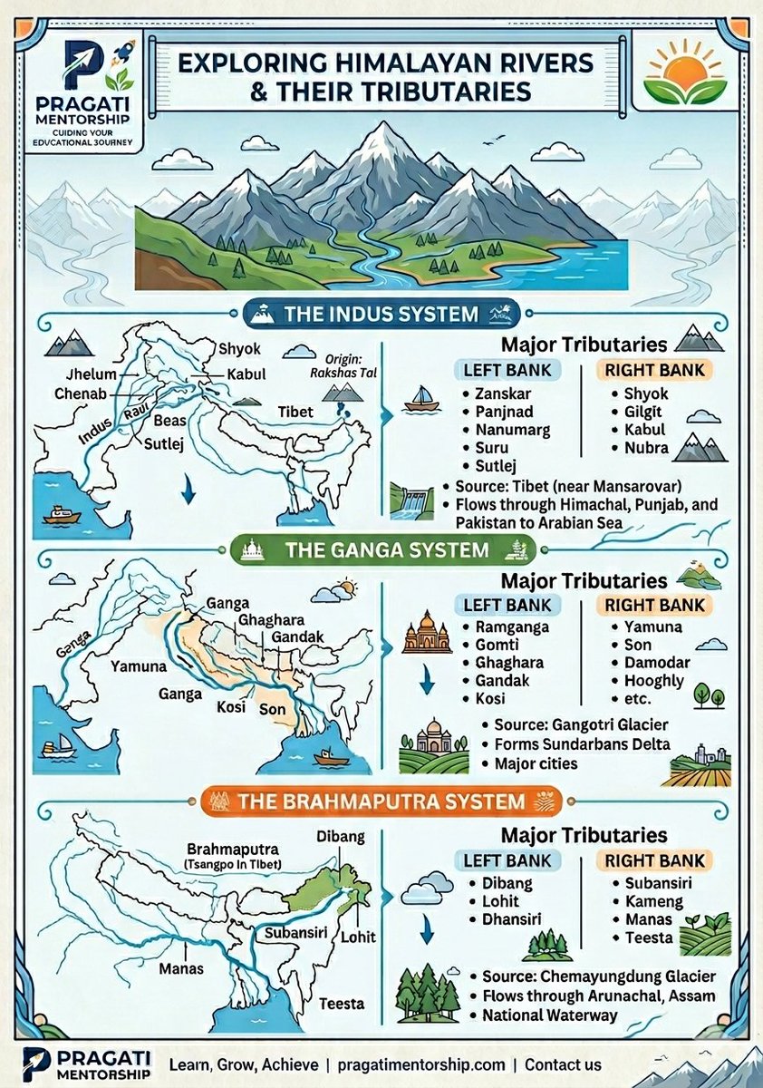 Pragatimentor's tweet image. 🌊 Rivers of India in 1 Minute 🇮🇳
Himalayan = Perennial 🌧️
Peninsular = Seasonal 🌞
Narmada &amp;amp; Tapi = Rift valleys 🔥
Brahmaputra = Max discharge 💧
West-flowing = Estuaries, NOT deltas ⚡
📍 Must-know for Prelims 2026
#UPSC #Geography #Rivers #PrelimsPrep #Mapping