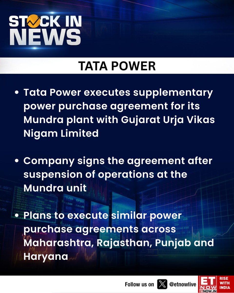 ETNOWlive's tweet image. #StocksInNews | Tata Power signs supplementary PPA with GUVNL for Mundra plant post shutdown and plans similar deals across multiple states 

#TataPower #Energy #PowerSector #IndiaMarkets