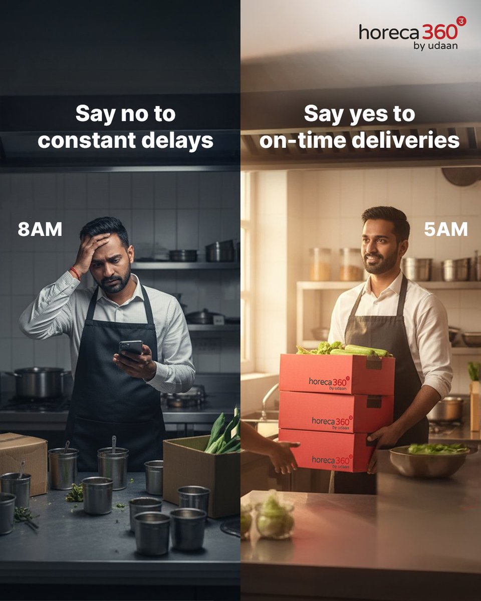 horeca360udaan's tweet image. Great service begins long before the first order.

With early, dependable deliveries, horeca360 by @udaandotcom ensures your kitchen is stocked, fresh, and ready to perform every single day. 

#horeca360byudaan #ontimedelivery #horeca