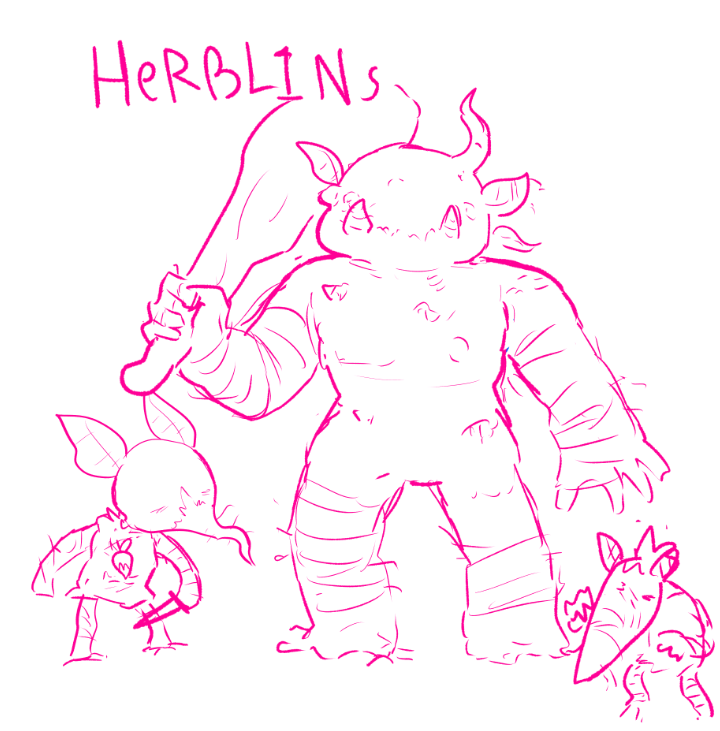 doodle
a common monster in the dungeon is the "herblin"
root vegetables that seemed to grow into creatures resembling orcs and goblins.
no one knows where they came from.
but they typically live in first couple floors of dungeons