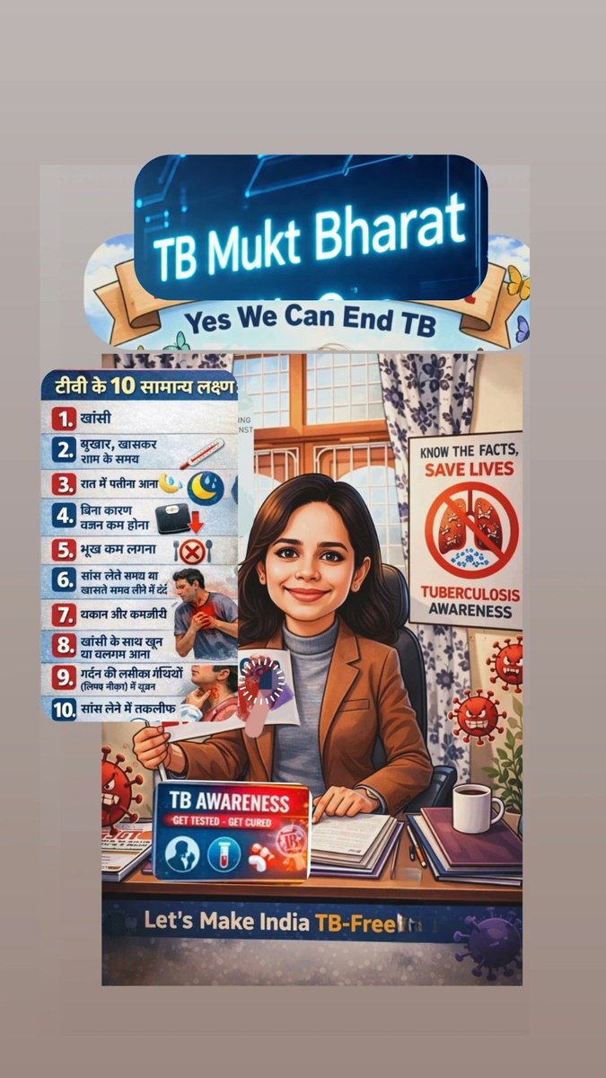 टीबी को हराना है, स्वस्थ भारत बनाना है 💊🇮🇳
🚨 टीबी के 10 लक्षण पहचानें:
लगातार खांसी, खून आना, सीने में दर्द, बुखार, रात में पसीना, वजन कम होना, भूख कम लगना, थकान, सांस में तकलीफ, ठंड लगना।
⚠️ समय पर जांच 
#TBMuktBharat #EndTB #YesWeCanEndTB
