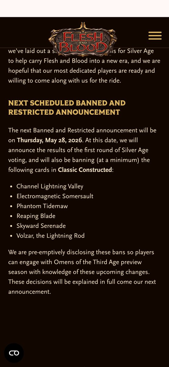 alsosteve's tweet image. MTG #BNR announcement wasn't bad it was just "yeah, cause we messed up vivi so bad we have more announcement dates, carry on" @fabtcg announced unbans, preemptive bans for a month from now, and went over it's policy about precons
Both well communicated but FAB had more to say