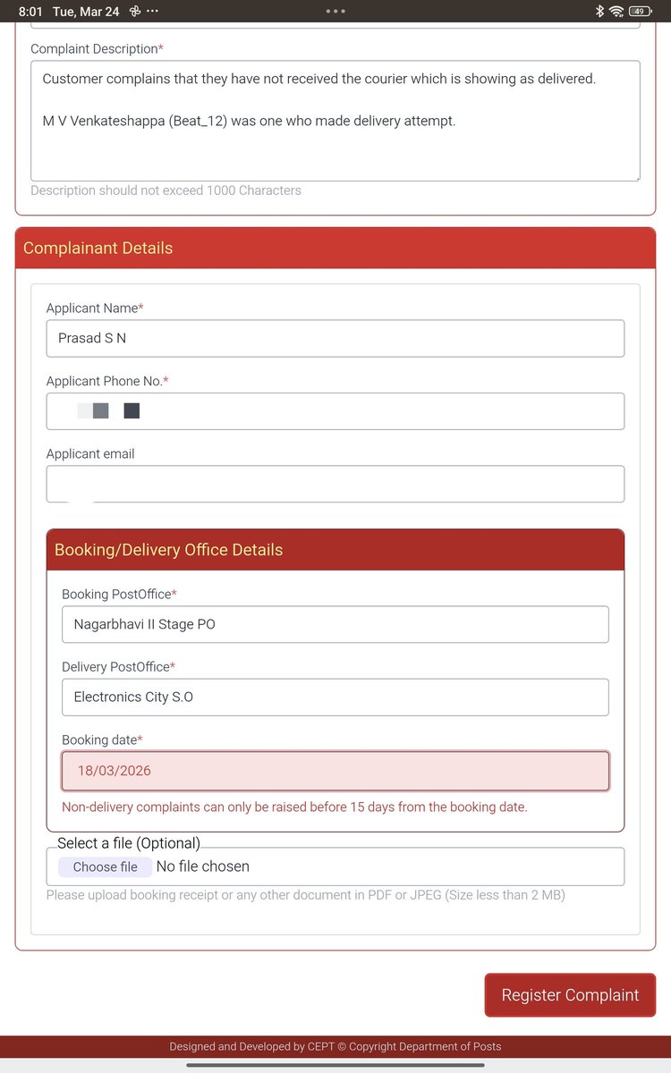 prasad_'s tweet photo. @IndiaPostOffice parcel not delivered, but shows as delivered. Also unable to raise complaint. EK903680956IN https://t.co/A6Kbufh60R