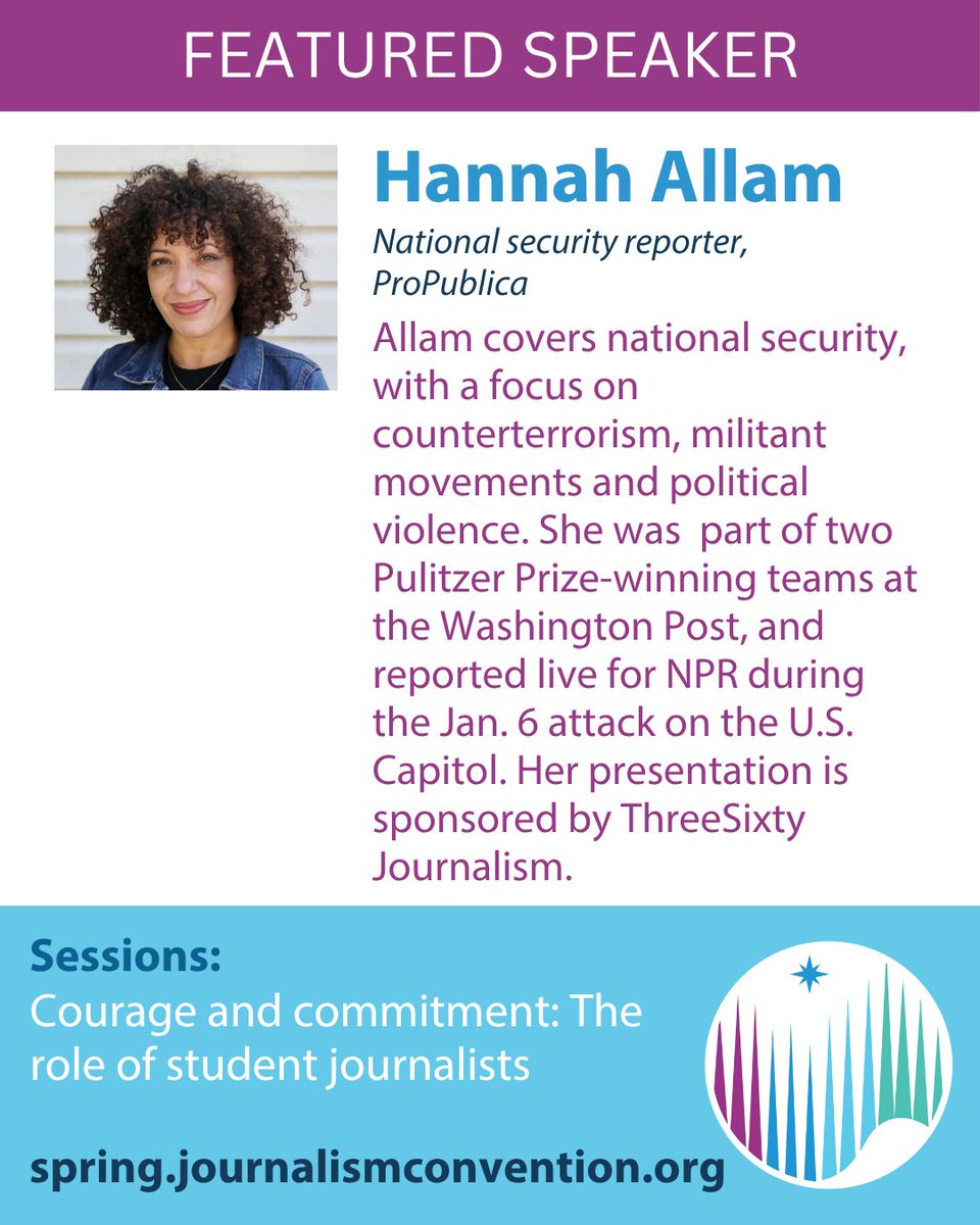nhsjc's tweet photo. Join us in Minneapolis to learn from some of the best journalists in the country! Over the next few days we will be highlighting our featured speakers, kicking off with ProPublica's Hannah Allam. 

You don't want to miss her session! https://t.co/wVfRIV1oiR