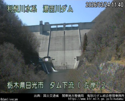 damlivecam's tweet photo. 湯西川ダム（ダム下流左岸２カメラ）
貯水位：670.57m
全流入量：1.56m³/s
全放流量：0.55m³/s
取得日時: 2026/03/24 11:45
URL: https://t.co/6Yhbhla911
出典: 国土交通省　���東地方整備局　鬼怒川ダム統合管理事務所
#ダム #Dam #ダムライブ  #湯西川ダム https://t.co/QNsriIIJFv