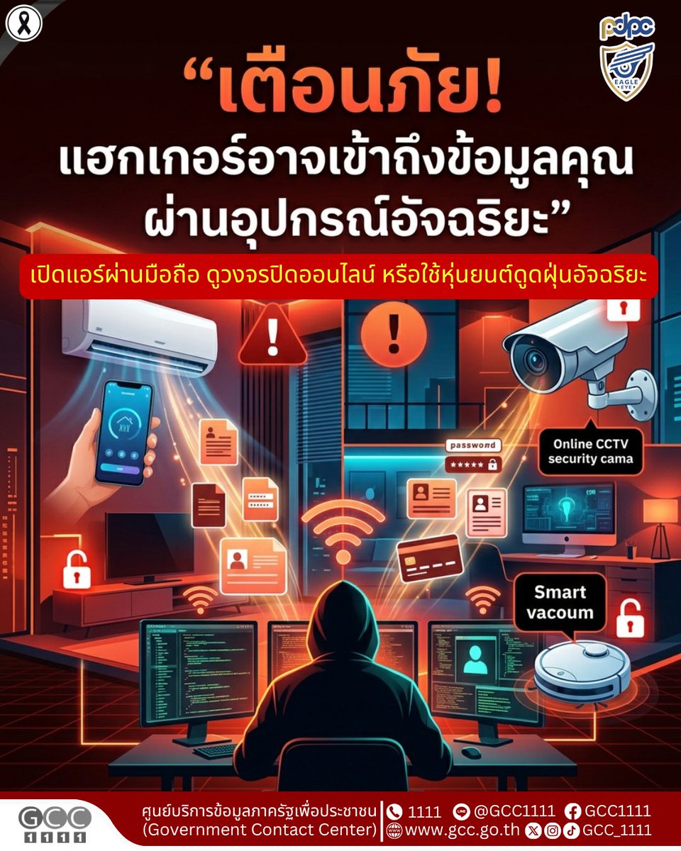 GCC_1111's tweet photo. 🚨 เตือนภัย! อุปกรณ์ในบ้านอาจกำลังถูก “แฮก” โดยไม่รู้ตัว

📡 ศูนย์เฝ้าระวังการละเมิดข้อมูลส่วนบุคคล
เตือน! แฮกเกอร์อาจเข้าถึง “ข้อมูลส่วนตัว”
ผ่านอุปกรณ์ที่เราใช้ทุกวัน
📱 เช่น
• เปิดแอร์ผ่านมือถือ
• กล้องวงจรปิดออนไลน์
• หุ่นยนต์ดูดฝุ่นอัจฉริยะ
• สมาร์ททีวี / ตู้เย็น / หลอดไฟ
🌐 5G + IoT คืออะไร?

⚡ 5G = อินเทอร์เน็ตความเร็วสูงมาก
🏠 IoT = อุปกรณ์ในบ้าน “คุยกันเองได้” ผ่านเน็ต
👉 ยิ่งสะดวก = ยิ่งต้องระวัง!
⚠️ ความเสี่ยงที่หลายคนมองข้าม
🚪 อุปกรณ์เยอะ = เหมือนมี “ประตู” หลายบานให้แฮกเกอร์
❌ ใช้รหัสผ่านเดิมจากโรงงาน
(เช่น admin / 1234) → เสี่ยงโดนดูข้อมูลในบ้าน

❌ ไม่อัปเดตระบบ
→ เปิดช่องให้ไวรัส / มัลแวร์

❌ ถูกยึดเครื่องไปใช้โจมตี (DDoS)
→ กลายเป็น “กองทัพซอมบี้” โดยไม่รู้ตัว
🛡️ วิธีป้องกันง่ายๆ

✅ เปลี่ยนรหัสผ่านทันที (ตั้งให้เดายาก)
✅ อัปเดตเฟิร์มแวร์สม่ำเสมอ
✅ ปิด/ถอดปลั๊ก เมื่อไม่ใช้งาน
✅ เลือกซื้ออุปกรณ์จากแบรนด์ที่น่าเชื่อถือ

💡 จำไว้!
“ความสะดวก” ต้องมาพร้อม “ความปลอดภัย”

อ่านเพิ่มเติม >>   https://t.co/P8oXatfYP5

#เตือนภัยไซเบอร์ #IoT #5G #ความปลอดภัยไซเบอร์ #แฮกเกอร์ #ข้อมูลส่วนตัว #SmartHome