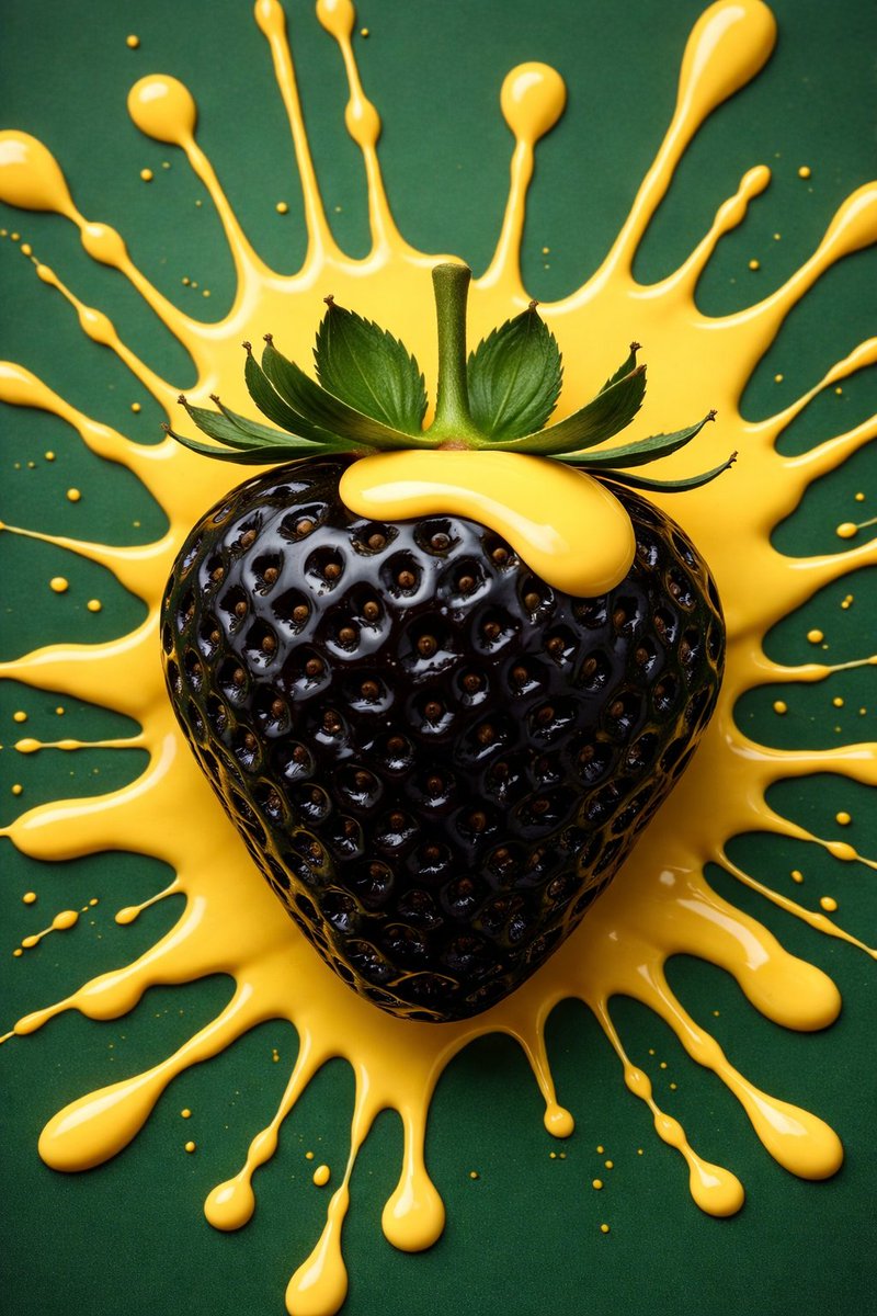 {"scene_type":"macro food splash photography","subject":{"object":"strawberry","color":"golden yellow","surface":"glossy, reflective, smooth with evenly distributed seeds","seeds":{"color":"light orange to brown","depth":"slightly embedded","density":"uniform across surface"},"top":{"calyx":"fresh green leaves, slightly curved outward","stem":"short, upright, centered, matte green"}},"liquid_elements":[{"type":"thick liquid splash","color":"bright orange","finish":"glossy, viscous","behavior":"splashing outward behind and around strawberry, forming rounded droplets and elongated streaks"},{"type":"thick liquid splash","color":"deep black","finish":"highly glossy, reflective","behavior":"wrapping partially around lower strawberry, splashing outward with sharp spikes and droplets"}],"composition":{"orientation":"vertical","aspect_ratio":"3:4","framing":"centered subject","crop":"tight macro close-up","depth_of_field":"shallow, subject in sharp focus, background slightly blurred"},"background":{"color":"muted olive/khaki tone","texture":"smooth, matte","details":"subtle gradient, no patterns"},"lighting":{"type":"studio lighting","direction":"front-top","intensity":"high","effect":"strong highlights on glossy surfaces, soft shadows, enhanced reflections on liquids and fruit"},"motion":{"style":"frozen high-speed splash","details":"liquid droplets suspended mid-air, dynamic outward motion captured sharply"},"color_palette":["golden yellow","bright orange","deep black","fresh green","olive background"],"style":{"look":"AI-generated hyperrealistic","quality":"ultra-detailed, 8K, sharp textures","finish":"cinematic, high contrast, vibrant colors"},"camera":{"type":"macro lens","focus":"sharp on strawberry surface and front splash","angle":"slightly low frontal angle","details":"high clarity, crisp edges, no visible noise"}} - 1
