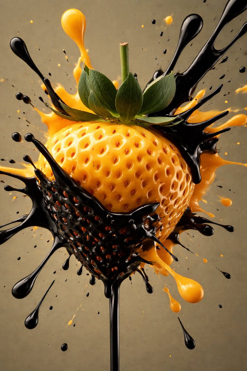 {"scene_type":"macro food splash photography","subject":{"object":"strawberry","color":"golden yellow","surface":"glossy, reflective, smooth with evenly distributed seeds","seeds":{"color":"light orange to brown","depth":"slightly embedded","density":"uniform across surface"},"top":{"calyx":"fresh green leaves, slightly curved outward","stem":"short, upright, centered, matte green"}},"liquid_elements":[{"type":"thick liquid splash","color":"bright orange","finish":"glossy, viscous","behavior":"splashing outward behind and around strawberry, forming rounded droplets and elongated streaks"},{"type":"thick liquid splash","color":"deep black","finish":"highly glossy, reflective","behavior":"wrapping partially around lower strawberry, splashing outward with sharp spikes and droplets"}],"composition":{"orientation":"vertical","aspect_ratio":"3:4","framing":"centered subject","crop":"tight macro close-up","depth_of_field":"shallow, subject in sharp focus, background slightly blurred"},"background":{"color":"muted olive/khaki tone","texture":"smooth, matte","details":"subtle gradient, no patterns"},"lighting":{"type":"studio lighting","direction":"front-top","intensity":"high","effect":"strong highlights on glossy surfaces, soft shadows, enhanced reflections on liquids and fruit"},"motion":{"style":"frozen high-speed splash","details":"liquid droplets suspended mid-air, dynamic outward motion captured sharply"},"color_palette":["golden yellow","bright orange","deep black","fresh green","olive background"],"style":{"look":"AI-generated hyperrealistic","quality":"ultra-detailed, 8K, sharp textures","finish":"cinematic, high contrast, vibrant colors"},"camera":{"type":"macro lens","focus":"sharp on strawberry surface and front splash","angle":"slightly low frontal angle","details":"high clarity, crisp edges, no visible noise"}} - 3