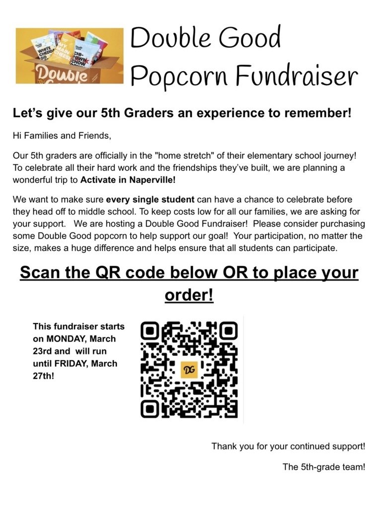 TPatriotpride's tweet photo. Our 5th grade is hosting a Double Good Fundraiser! Please consider purchasing some Double Good popcorn to help support our goal! https://t.co/huvZbg3iVZ