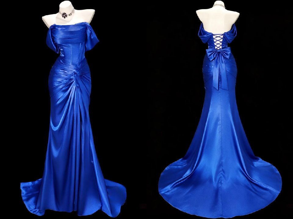 Mermaid Off Shoulder Sweep Train Satin Blue Prom Dress