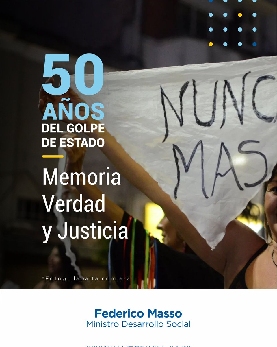 🗓Día de la Memoria, por la Verdad y la Justicia.

📍1976- 24 de Marzo - 2026

A 50 años de la Dictadura más sangrienta en nuestro país, reafirmamos nuestro compromiso de siempre por la Memoria,  Verdad y Justicia! Nunca Más! 🤍💪🏽
 
#24DeMarzo
#MemoriaVerdadJusticia 
#Son30Mil