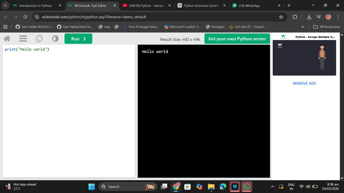 iamsaniydv's tweet photo. Python aaj fir se revision sur kar diya hu Bahut din se band kar diya tha ...
Aaj fir suru kiya mujhe lgta hai interview ke revision ke liye @W3Schoolsdotcom sabse Best plate form hai ager aap ko ish plateform se best aur koi platform ho toh jarur bataye.
#AIAgents #webdevlopment