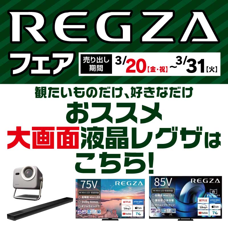 タイムセール中「大満足見どころ再生」東芝　週末限定値下げ 💚📺REGZAフェア📺💚 迫力満点🍿大画面の液晶テレビから好きな時に見