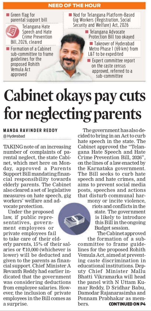 revanthannanews's tweet photo. 🌟Telangana Cabinet clears key social justice, welfare reforms
🔹 #RohithVemulaAct guidelines, gig workers law approved
🔹 Advocate protection, anti-hate bill get nod
🔹Metro takeover expedited; parents support law cleared
@ravinderTNIE
@XpressHyderabad
#Telangana #Cabinet https://t.co/4tyfyFgHy1