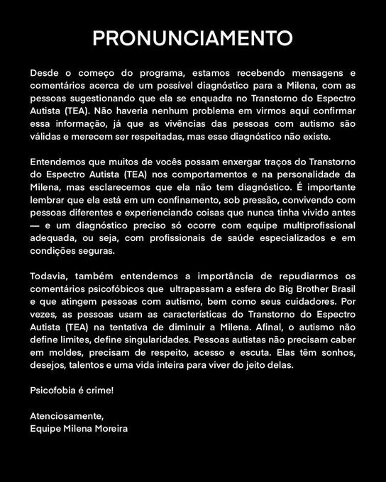 liceoficiall's tweet photo. @nicolebahls 🚨URGENTE! Semanas atrás, a equipe da Milena emitiu uma nota oficial afirmando que ela não tinha nenhum diagnóstico. Agora, ela própria já diz que tem, simplesmente por conveniência para queimar o Jonas. #BBB26 https://t.co/WwMknA99Yl