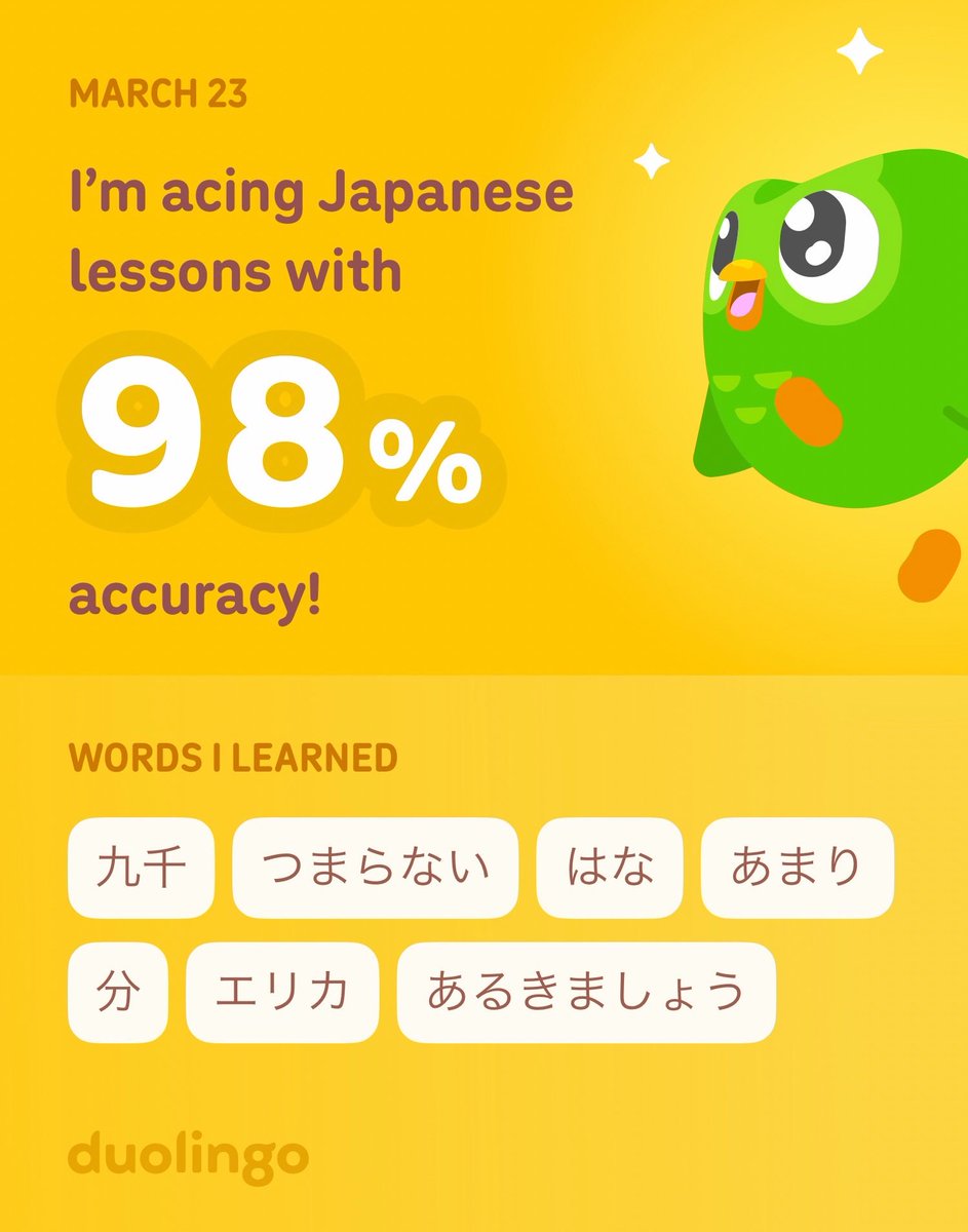 itsNobi's tweet photo. I’m learning Japanese on Duolingo! It’s free, fun, and effective. https://t.co/dA9kXgV3A4