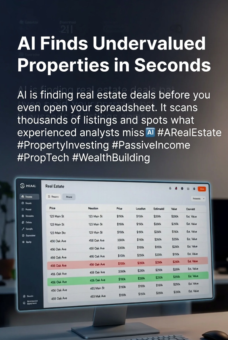 jonas_freeworld's tweet photo. AI Finds Undervalued Properties in Seconds

AI is finding real estate deals before you even open your spreadsheet. It scans thousands of listings and spots what experienced analysts miss ��
#AIRealEstate #PropertyInvesting #PassiveIncome #PropTech #WealthBuilding https://t.co/catWDdH1xu