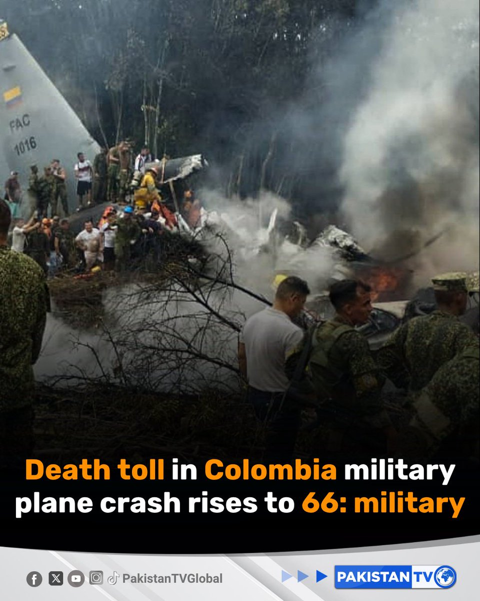 PakTVGlobal's tweet image. The death toll from a military plane crash in Colombia rose to 66 with dozens more injured, a military source told AFP late Monday, after the aircraft carrying 125 people crashed shortly after taking off in the south of the country.

#Colombia #PlaneCrash #BreakingNews