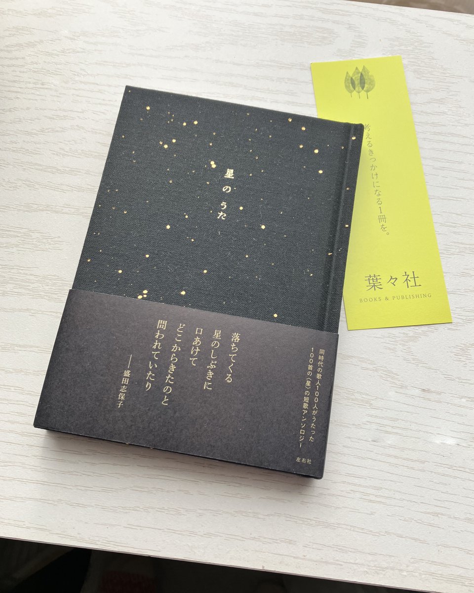 週末3連休のまん中、大森周辺へ。

まずは梅屋敷の葉々社さん。
短編マンガフェアを楽しむ。マンガではなく、画像の本を購入。
100人の歌人による星の100首を収めた歌集。
布張りに星に見立てた箔押しの装丁に一目惚れしてつい買ったのだけど歌自体もどれもよくて大事な一冊になりました。（続く→）