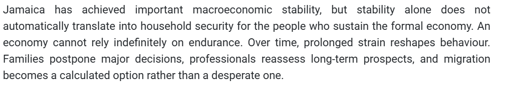This reminds me of that one line someone said to PM Holness - 'Economic Stability Cyah Nyam'.