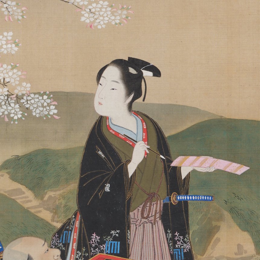 3月15日(日)で出品終了@愛新覚羅瑜嘉 松上鷹図 肉筆掛軸 中国絵画 桜ではなく麗しい少年を見つめる女性たちを描いた、勝川春章「桜下詠歌