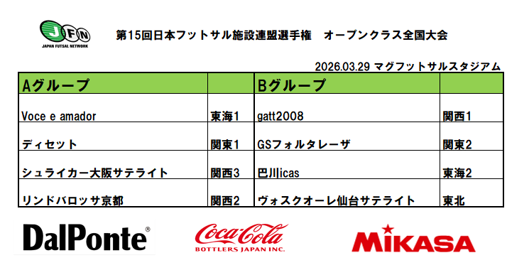 jfnfutsal's tweet photo. 【オープン】第15回日本フットサル施設連盟選手権　オープンクラス
2026年3月29日
会場：マグフットサルスタジアム（大阪）

協賛：コカ・コーラボトラーズジャパン
　　：Dalponte
　　��MIKASA

優勝チームは　頂杯　に出場します！

#施設連盟選手権
#頂杯 https://t.co/hZKGfTH0Zg