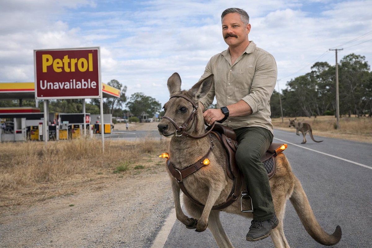RealZacThoughts's tweet photo. With fuel prices absolutely taking the piss, I’ve been forced to pivot into alternative transport.

After getting pulled over last week (apparently “just hopping along” isn’t ADR compliant), I’ve had to bring the setup up to spec.

Now proudly trialling the Kangaroo Roadworthy Package™:
• Genuine leather saddle (comfort + resale value)
• Full bridle system (she can get unwieldy without it)
• Integrated indicator lights (because apparently hand signals aren’t good enough anymore)

Waiting on rego approval, but the officer said once I add a headlight, side mirrors and a horn, I should be sweet.

Fuel economy is unreal runs exclusively on grass and poor decisions. Downsides include random boxing matches and zero reverse gear (true Aussies know)

If anyone needs a lift, I’ll be doing UberHop from Monday. Surge pricing applies if she gets spooked.

#fuelprice #costofliving #australiangovernmentfailure #Australia #Oil #WarWithIran #QldTransport #CostOfLivingCrisis #Kangaroo #Aussie