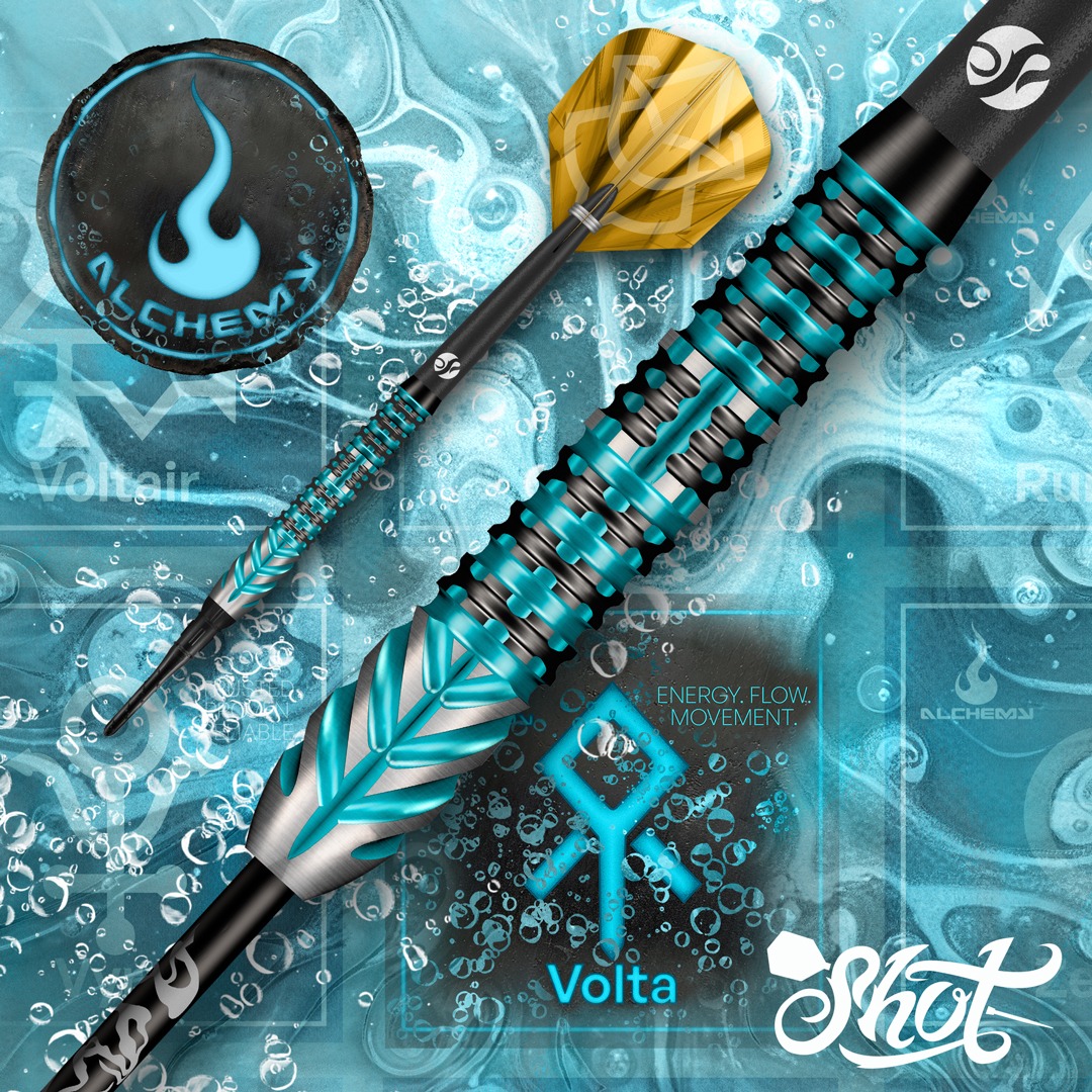 Shot_Darts's tweet photo. NEWLY FORGED! Electric energy. Transformation. Alchemy Volta. Our new Surge Grip in the centre delivers a smooth, consistent feel, while front helix cuts create confident grip from any angle.
